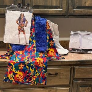 Women Halloween Costume Groovy Blu Dress Small & White Go Go Boots Size 7 Set